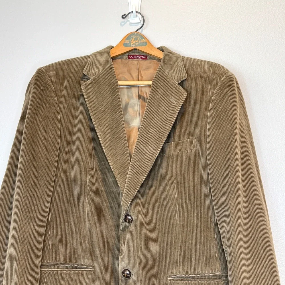 COVINGTON Corduroy Mens Sport Coat 46R Lt Brown Leather Buttons Professor Preppy